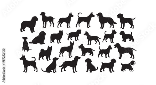 Set of black dog silhouettes standing sitting and walking positions in profile view isolated on white background vector.