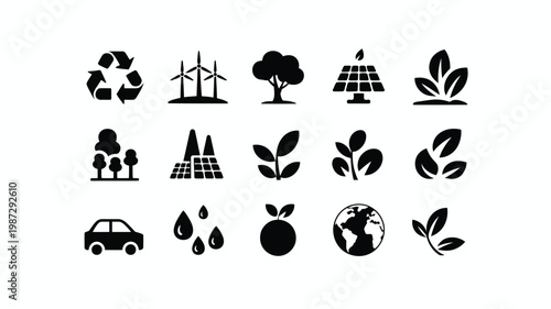 Black and white minimalist icons symbolizing recycling renewable energy trees solar panels nature sustainability clean energy and ecology