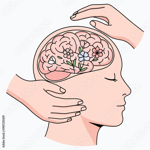 Concept of mental wellness showing human brain with blooming flowers and supportive healing hands.