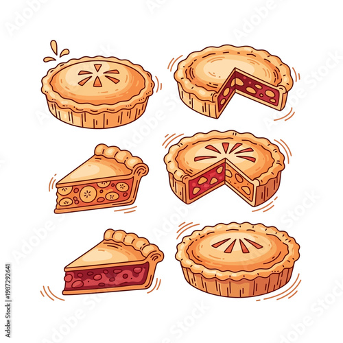 Delicious homemade pies with various fruit fillings, presented as a collection of whole pies and slices.