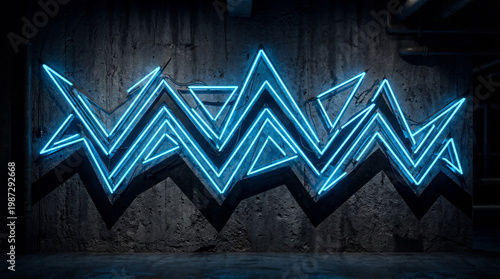 Blue Neon Geometric Light Wall in Rainy Night City  Futuristic Urban Reflection