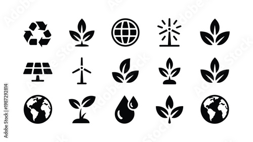 Black and white eco friendly icons symbolizing sustainability renewable energy and environmental conservation