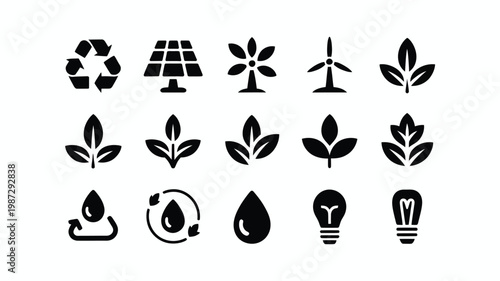 Black and white eco friendly icons for renewable energy and sustainability including recycling solar wind and plant symbols