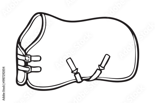 Securely fitted horse covering with straps and buckles. Detailed view of horse blanket fastening in stable environment. Close examination of padded horse cover with buckles for warmth and safety