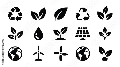 Black and white environmental symbols featuring recycling arrows leaves solar panels wind turbines and globe icons promoting sustainability