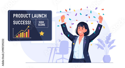 Businesswoman celebrating product launch success with confetti