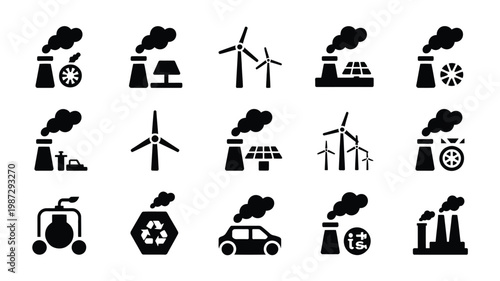 Black and white icons of industrial pollution and renewable energy sources with smokestacks wind turbines and recycling symbols