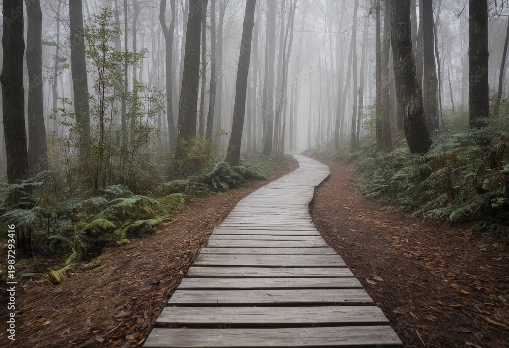 Fototapeta premium Mystical Wooden Boardwalk Through Foggy Forest