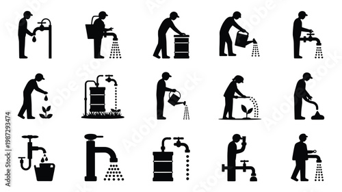 Black and white icons depicting people performing daily activities like gardening watering plants and using tools in a minimalist style