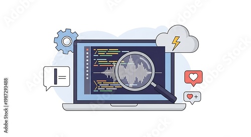 A laptop displays coding on screen with a magnifying glass on a world map surrounded by gear cloud and social media icons.