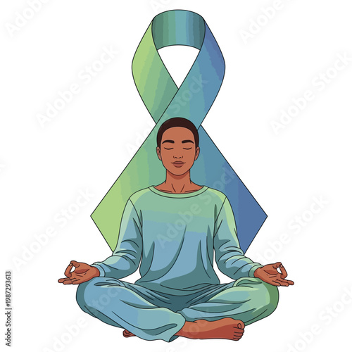Black man meditating in lotus pose with large awareness ribbon representing mental health support.