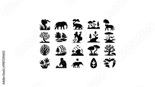 Photography Black silhouette collection of wild animals trees and plants minimalist design f