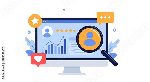 A graphic illustration of a computer monitor displaying a user's profile with ratings and statistics surrounded by social media icons.