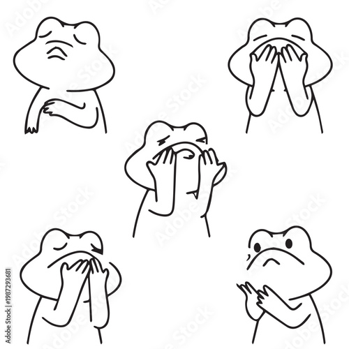 Frog faces, emotive expressions, vector illustrations, line art, 5 emotions