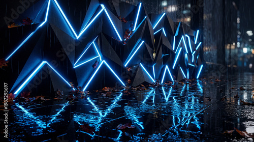 Blue Neon Geometric Light Wall in Rainy Night City  Futuristic Urban Reflection