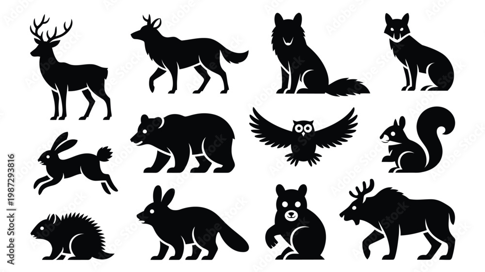 Obraz premium Silhouettes of wild animals including deer wolf fox bear owl squirrel rabbit hedgehog and moose isolated on white background bold minimalist design vector art style