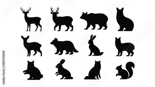 Photography Black silhouettes of wild animals including deer bears wolves and squirrels in m