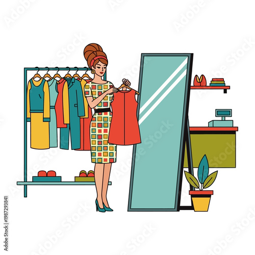 Woman choosing dress in front of mirror, fashion boutique, retro style