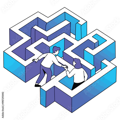 Isometric illustration of two people helping each other find way through complex blue maze walls.
