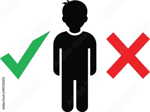 Approval and disapproval symbols next to a human silhouette