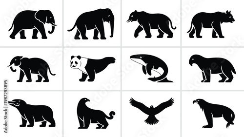 Photography Set of black silhouettes of wild animals and birds including elephants lions pan