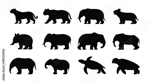 Silhouettes of various wild animals in black isolated on white background featuring tigers bears elephants and more in a minimalist style