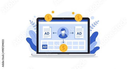 A person interacts with an illustration on a laptop screen displaying targeted advertisements.