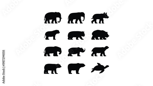 Canvas Print Silhouettes of wild animals including elephants rhinos bears and a turtle in min