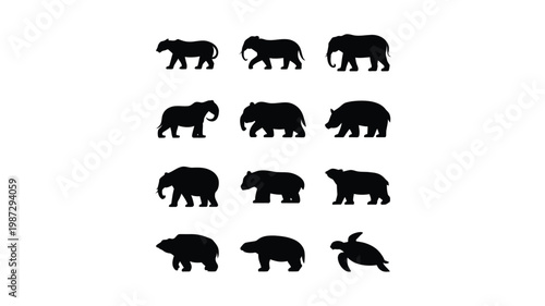 Wildlife silhouettes featuring elephants bears and rhinos in minimalist black and white design