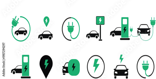 Electric car charging icon set. EV station, plug, socket, hybrid car, green electric car with plug symbol on white background