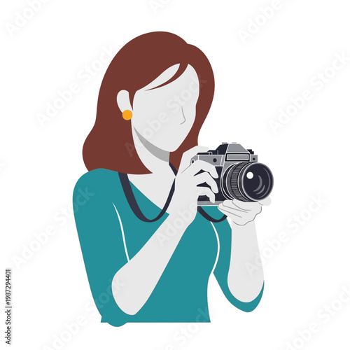 Woman Photographer Holding Vintage Camera, Capturing Moment