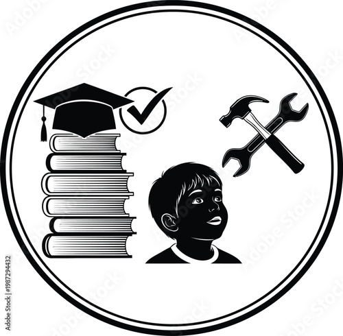A child embracing education, achievement, and hands-on learning symbolized by books, a cap, and tools