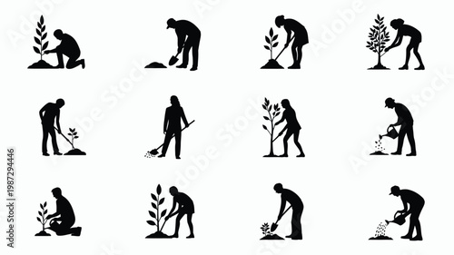 Silhouette illustrations of gardeners planting watering and caring for trees in minimalist style isolated on white background