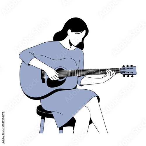 Woman Playing Acoustic Guitar, Sitting on a Stool, Minimalist Illustration