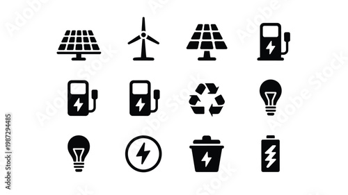 Black and white icons of renewable energy sources electric charging stations recycling and batteries for sustainability