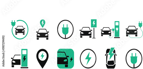 Electric car charging icon set. EV station, plug, socket, hybrid car, green electric car with plug symbol on white background