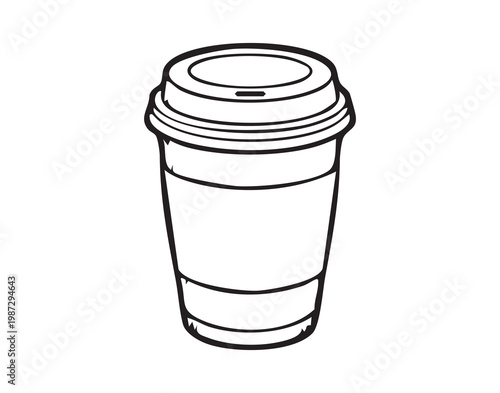 Stylish togo coffee illustration scene. Morning city hustle with singleuse coffee mug and lid depiction. Urban morning rush illustrated with fashionable takeaway coffee cup and accompanying lid