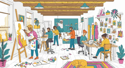 Vibrant Art Studio Scene with Artists at Work.
