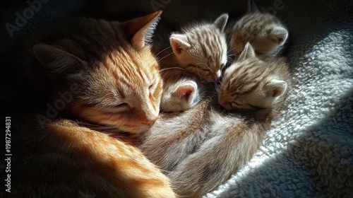 A mother cat lies comfortably with her four small kittens huddled close. They are resting on a soft blanket in a cozy corner of the house during the afternoon.