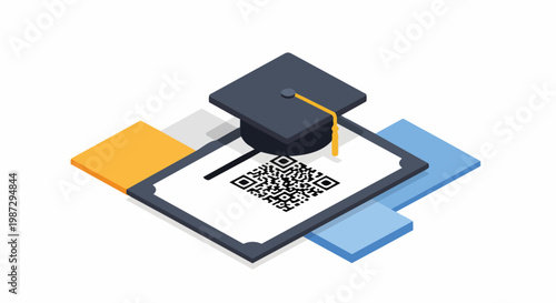 Isometric Digital Diploma with QR Code and Graduation Cap Icon - Online Education and E-Learning Certification Concept