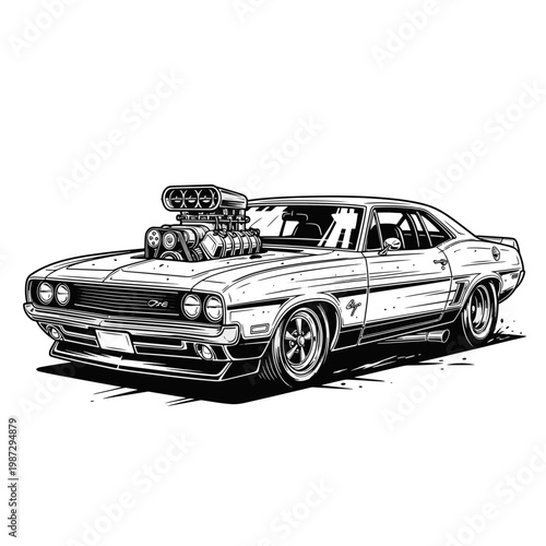 Classic American Muscle Car with Supercharger on Hood Vintage Hot Rod Design