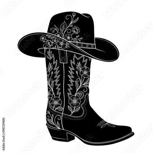 Black Cowboy Boot and Hat with Delicate Floral Embellishments Western Style Outline Design