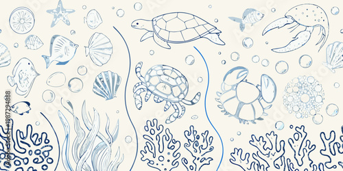 Blue line drawing of various marine life and ocean elements