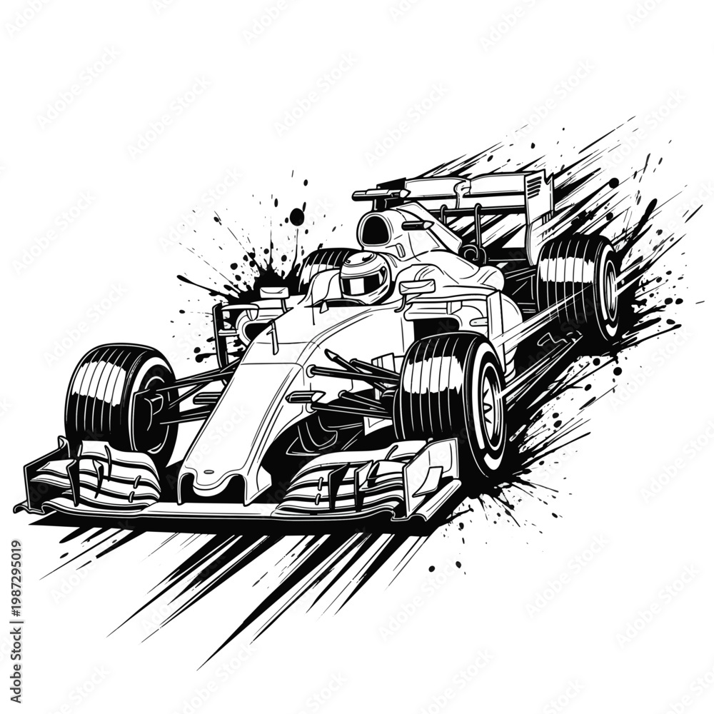Fototapeta premium Dynamic Formula 1 Racing Car Speed Motion Splatter Black and White Graphic Design