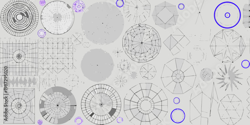 Abstract arrangement of geometric shapes and circular patterns on gray background