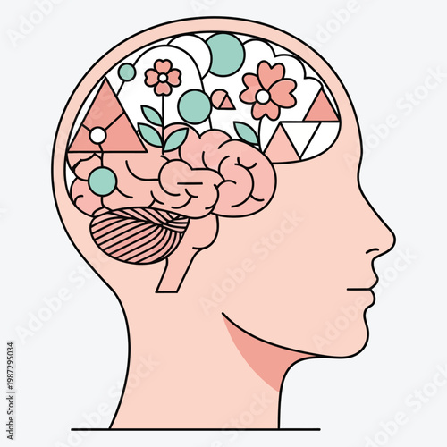 Mental health awareness brain with flowers and geometric shapes flat vector illustration.
