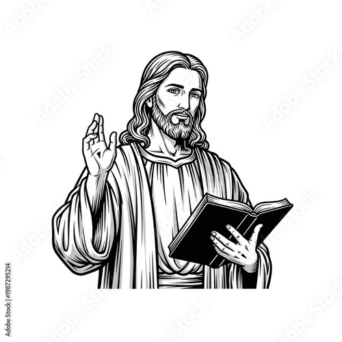 Jesus Christ Figure with a Beard and Long Hair Holding an Open Book Raising His Hand in Blessing