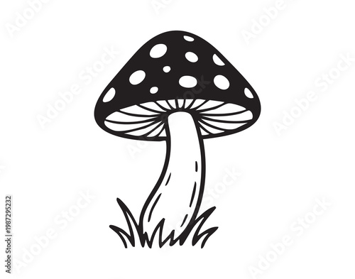 Whimsical black ink mushroom with grass, round spotted cap and curved stem, visible gills underside, handdrawn line art evokes playful minimal botanical icon suitable for sticker or logo