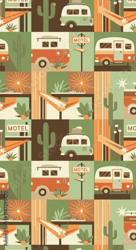 Seamless pattern with retro campers, desert landscapes, motel signs, and surfboards. Vintage road trip adventure background in bohemian style.