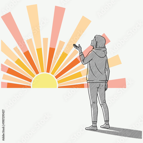Woman looking at sunrise with radiating light rays flat vector illustration.